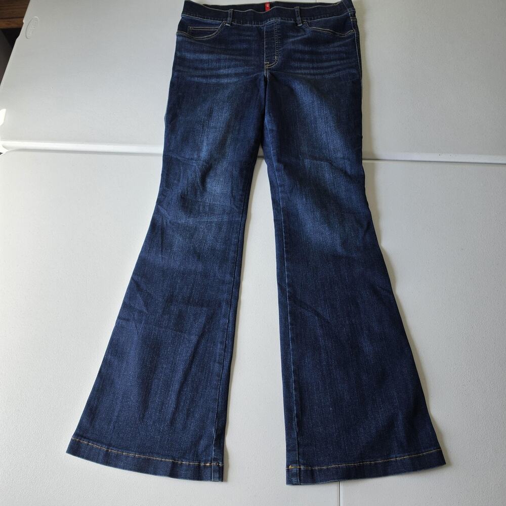 Spanx Jeans Womens XL Dark Blue Mid Rise Bootcut Elastic Waist Stretch Denim